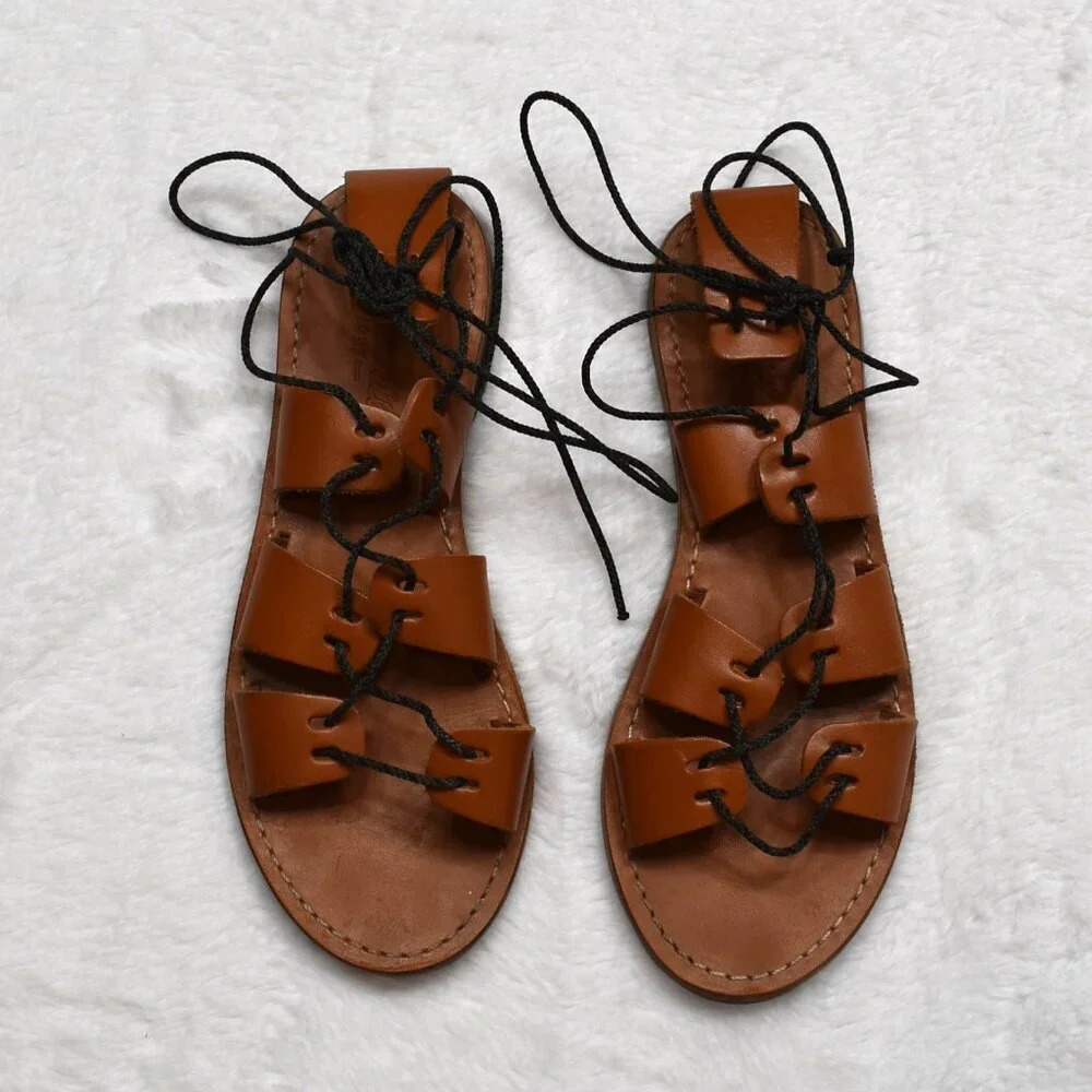 Madewell Gladiator Sandals Genuine Leather Strappy Flats Sz 6 Boho Hippie Camel